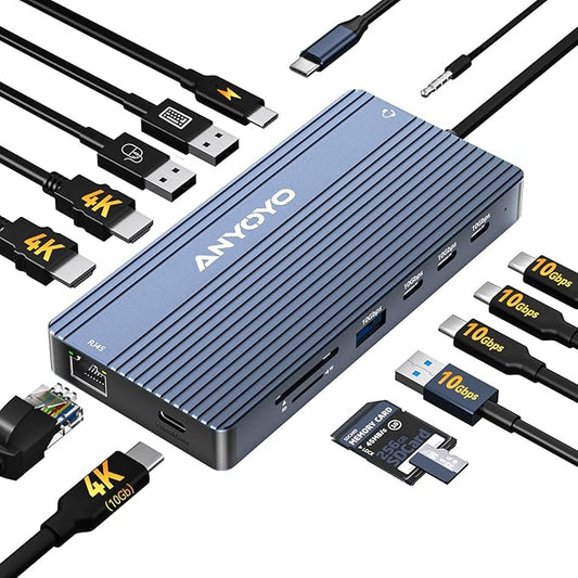 ANYOYO USB C Docking Station Dual Monitor 14-in-1 Docking Station 3 Monitor(2 HDMI+ Video Out) 10Gbps (4*USB-C+1A) +PD100W+Ethernet+SD/TF Laptop Dock Multiport Adapter for Dell/HP/Lenovo/Thinkpad