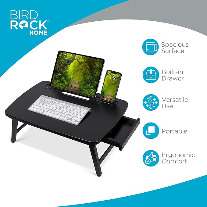 BIRDROCK HOME Bamboo Wood Lap Tray with Foldout Legs, Storage Drawer, Fits Laptops Up to 17", Tablet and Phone Slot, Laptop Table for Sitting or Standing, Work from Home, Workstation - Espresso
