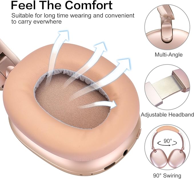 RORSOU C6 Active Noise Cancelling Headphones, Wireless Over Ear Bluetooth Headphones, 60H Playtime, Lightweight Folding Deep Bass Comfort Fit Ear Cups Headset with Mic for iPad/PC/Home Rose Gold