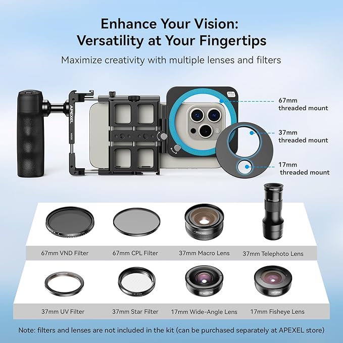 APEXEL Universal Phone Rig Video Kit. Aluminum Handheld Smartphone Vlogging Cage with Rechargeable Handle Wireless Bluetooth Shutter, Phone Stabilizer for Videomaker Compatible with iPhone/Android.