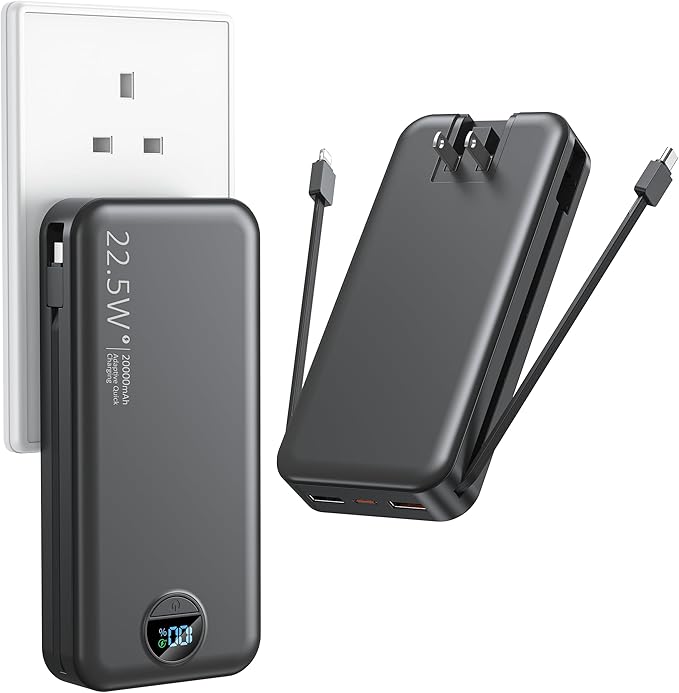 Portable Charger with Wall Plug, 20000mAh USB C Power Bank Fast Charging, External Battery Pack with Built in Cables, Digital Display, 5 Output 2 Input for iPhone Android Cell Phone Tablet