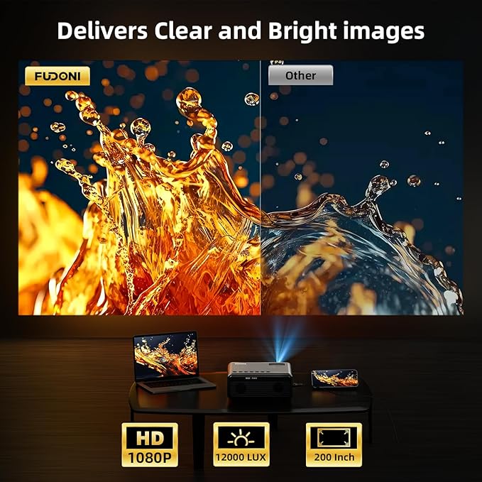 FUDONI Projector with WiFi and Bluetooth 4K Supported, Upgraded Outdoor Movie Projectors Native 1080P FHD, Video Proyector for Home Theater, Compatible w/HDMI/USB/iOS/Android/Windows/TV Stick