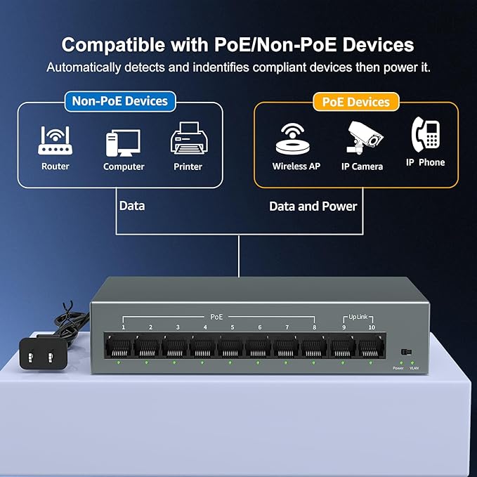 YuanLey 8 Port Gigabit PoE Switch with 2 Gigabit Uplink, 8 Port PoE+ 1000Mbps, 85W 802.3af/at, Extend Function, Metal, Fanless, AI WatchDog, Unmanaged Plug and Play Smart Detection Ethernet Switch