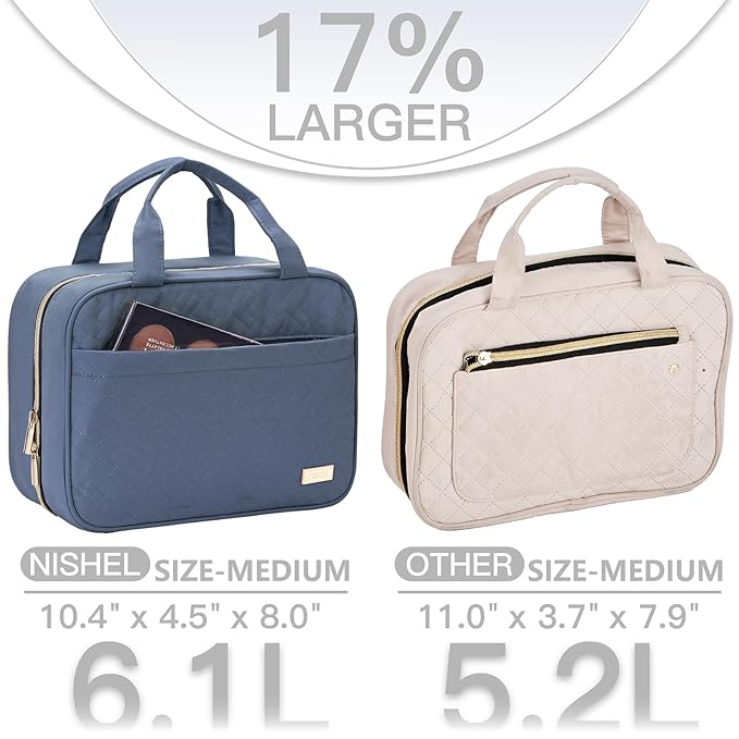 NISHEL Travel Toiletry Bag for women, Portable Hanging Organizer for Travel-Sized Shampoo, Conditioner, Brushes Set, Makeup Accessories, Medium Size, Aegean-Blue