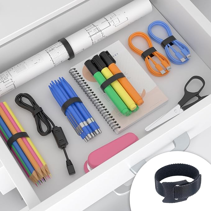 100 Reusable Cable Ties Black, Adjustable Cable Straps, Cable Tie Management, Cable Tidy for Desktop Charging Cables, Home and Office 200 * 12mm, 8in-100pcs, CS-104