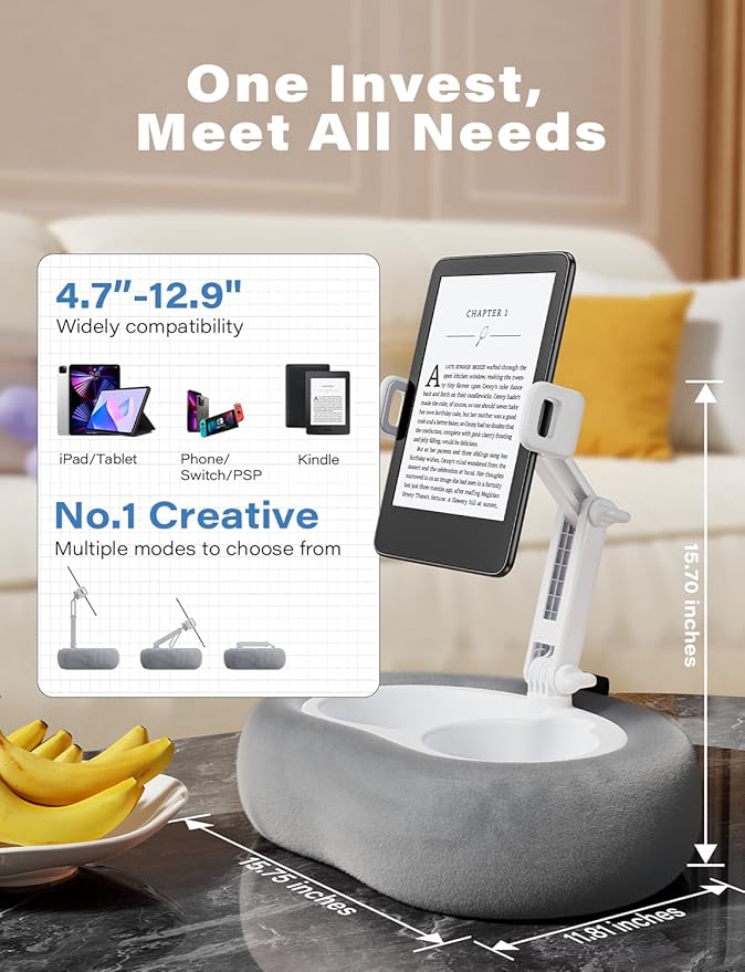 Tablet Kindle Pillow Stand Holder with 2 Trays Fit 4''-13'' Phone/Tablet/Kindle iPad Holder Stand for Bed with Soft Plus Fabric Reading Accessories Gift for Reading, Gray