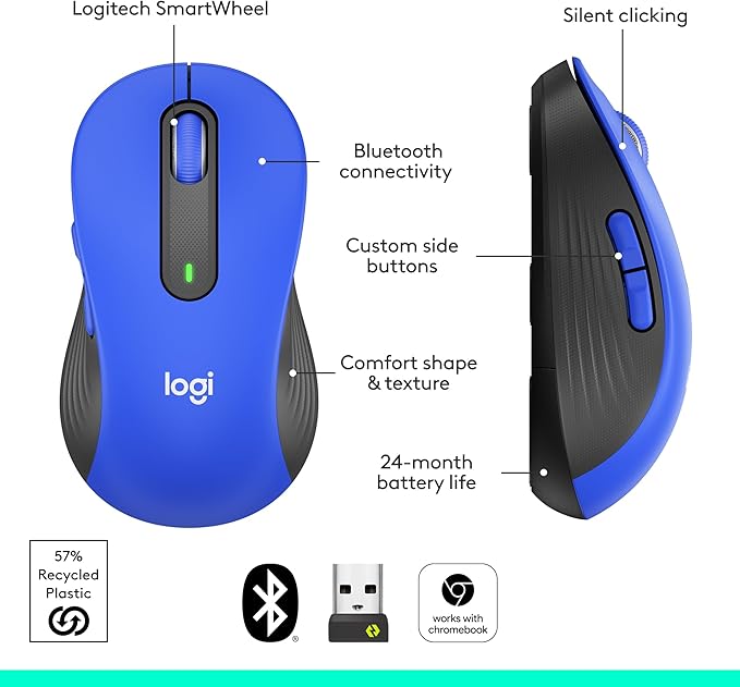 Logitech Wireless Mouse Signature M650 L Full Size - Large Hands, 2-Year Battery, Silent Clicks, Customizable Buttons, Bluetooth, PC/Mac/Chromebook - Classic Blue, Right-Handed, Large