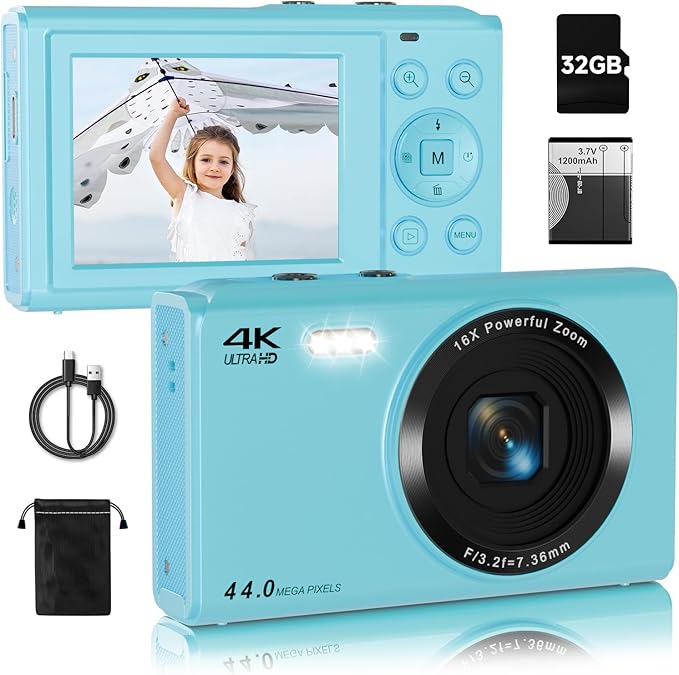 Digital Camera, FHD 4K 44MP Autofocus Point and Shoot Camera with 2.4" LCD 16X Zoom Portable Compact Cheap Camera for Teens Boys Girls Kids Adults (Blue)