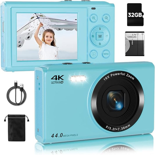 Digital Camera, FHD 4K 44MP Autofocus Point and Shoot Camera with 2.4" LCD 16X Zoom Portable Compact Cheap Camera for Teens Boys Girls Kids Adults (Blue)