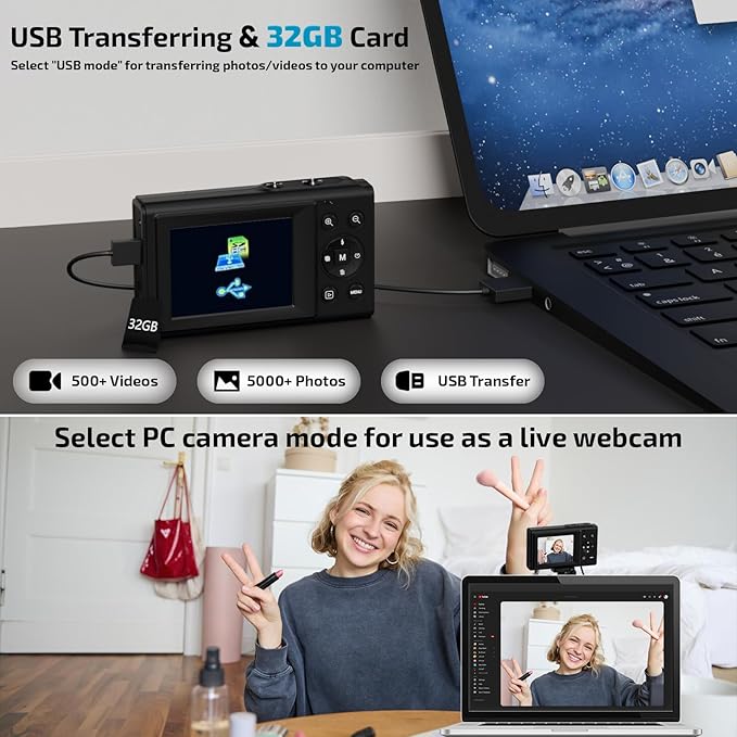 Digital Camera, FHD 4K 44MP Autofocus Point and Shoot Camera with 2.4" LCD 16X Zoom Portable Compact Cheap Camera for Teens Boys Girls Kids Adults (Black)