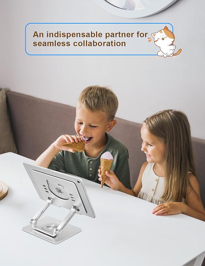 Tablet Stand 360° Rotating Aluminum Holder, Adjustable, Portable and Foldable Monitors Stand for iPads, Compatible with 4-12.9" Tablets, Silver