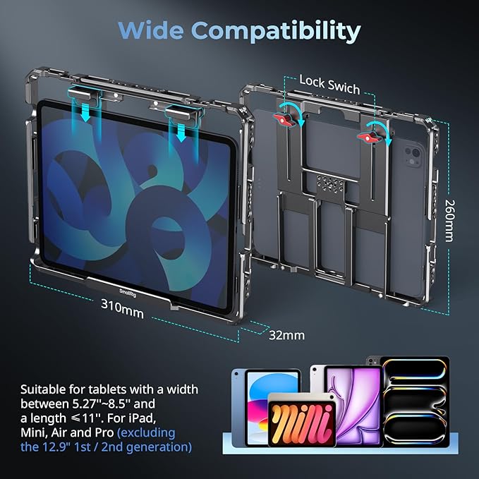SMALLRIG Universal Metal Cage for iPad, Tripod Mount Adapter Monitor Fits for iPad Pro 12.9, Air, Mini and More, with 1/4"-20, 3/8"-16 Holes, Cold Shoe Mount - MD5059