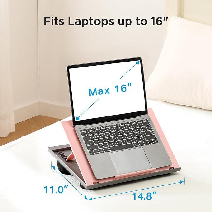 Adjustable Lap Desk - with 8 Adjustable Angles & Dual Cushions Laptop Stand for Car Laptop Desk, Work Table, Lap Writing Board & Drawing Desk on Sofa or Bed by HUANUO, Pink