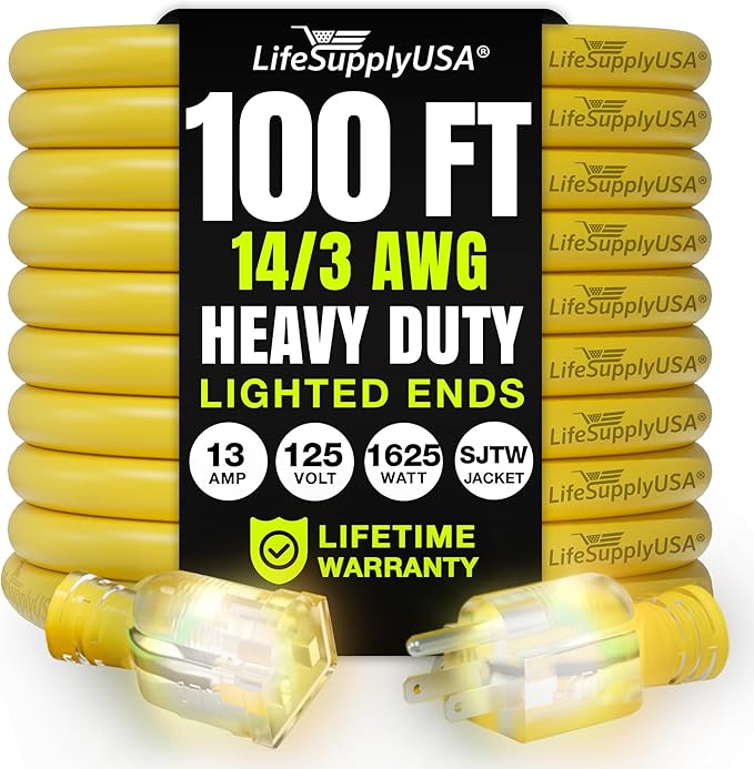 100ft Outdoor/Indoor Extension Cord 14/3 Gauge Heavy Duty 3 Prong SJTW, Waterproof, Flexible Cold-Resistant Long Power Cord,13A 125V 1625W, Yellow by LifeSupplyUSA
