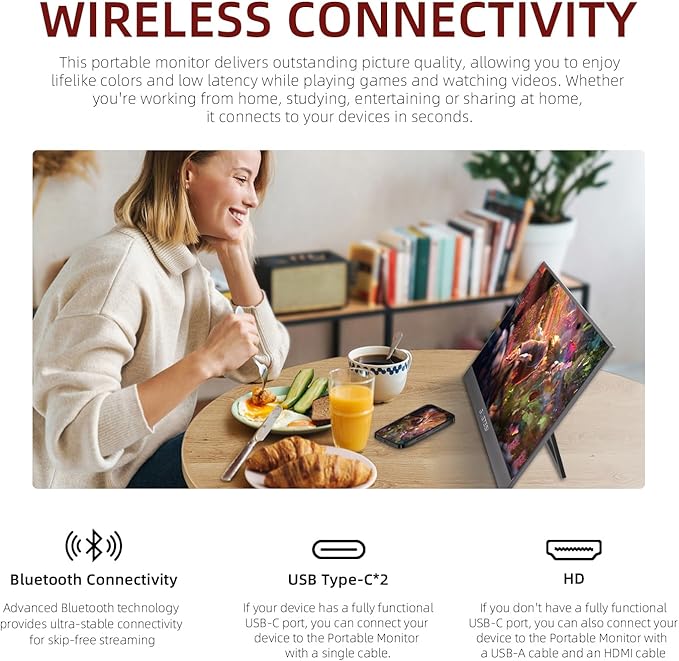 Wireless Portable Monitor 15.6 Inch 1080P FHD Ultra Slim Display WiFi Connectivity 180° Adjustable Built-in Stand Lightweight Travel Monitor for Laptop, MAC, Phone, PS5