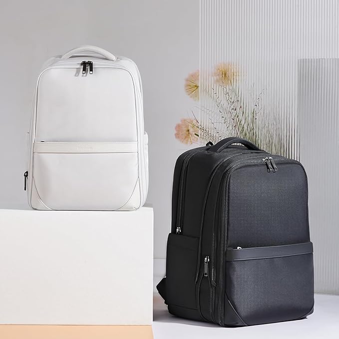 Hanke Expandable Travel Backpack 17 Inch, Full-Open Laptop Backpack Fits 15.6 Inch, Carry On Personal Item Bag with Luggage Strap, Business Work Backpack for Women Men, Greyish White