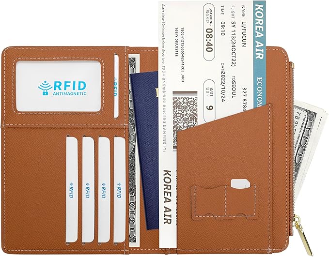 DOB SECHS Leather Passport Holder for Travel Women Slim Passport Wallet RFID Blocking Passport Cover Case with Card Slots, Travel Document Organizer Pouch Bag Zipper Cash Pocket Purse+ID Window, Brown