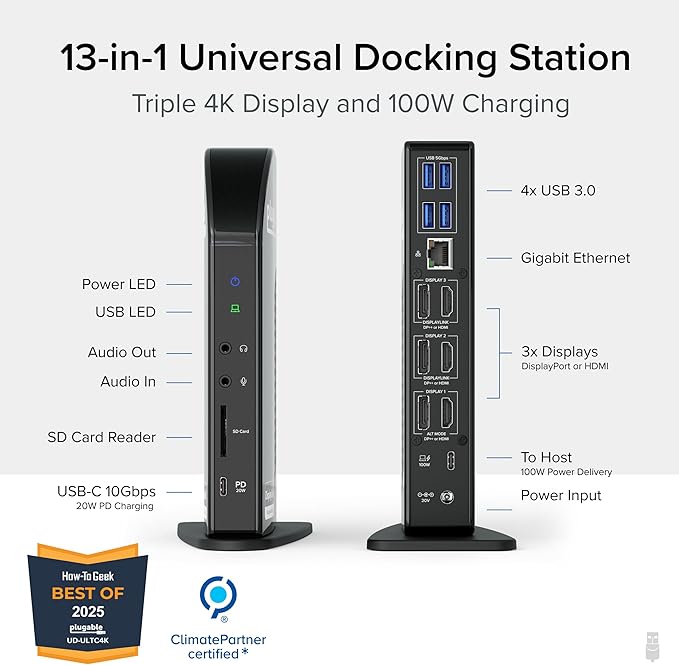 Plugable 13-in-1 USB C Docking Station 4K Triple Monitor with 100W Power Delivery | USB C Dock for Windows, Mac, ChromeOS, Thunderbolt | Driver Required | 3X HDMI and 3X DisplayPort (UD-ULTC4K)