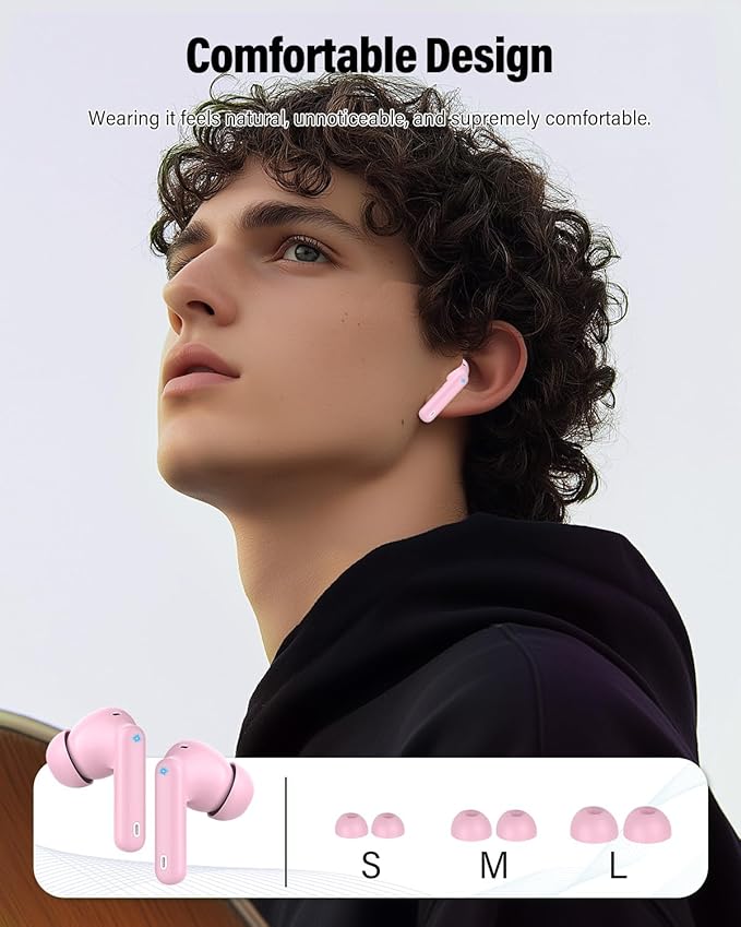Wireless Earbuds, Bluetooth 5.4 Headphones Bass Stereo, Ear Buds with Noise Cancelling Mic, LED Display in Ear Earphones Clear Calls, IP7 Waterproof Bluetooth Earbuds for Laptop/Phones/Sports, Pink