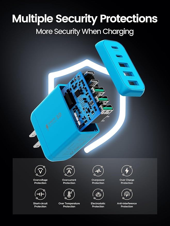 USB C Charger Block, [2-Pack] Type C Charger Fast Charging,50W 5-Port USB Wall Charger Multiport Type C Charging Block Cube for iPhone 17/16/15/14/13/12/11 Pro Max XS,iPad,Samsung&More-Blue