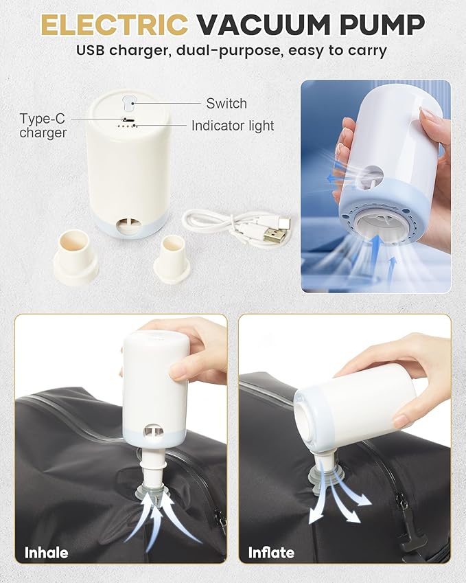 Vacuum Travel Backpack with Pump for Women,Personal Item Carry on Backpacks Flight Approved 18x14x8 inches for Men,Laptop Waterproof Work Compression bags Casual Daypack. Beige.