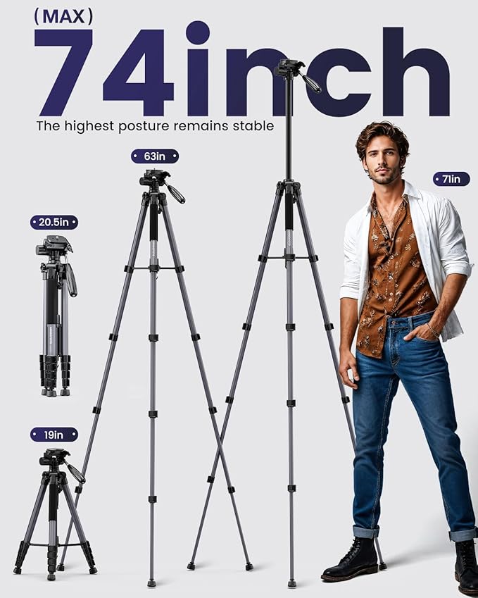 CAMBOFOTO 74"-Camera-Tripod, Professional Aluminum Tripod/Leg Stand Mirrorless Camera/DSLR/Cell Phone/Camcorder/GoPro, with Phone Holder and Travel Bag (Gunmetal Gray) Weight 2.8 lbs Load 8.8 lbs