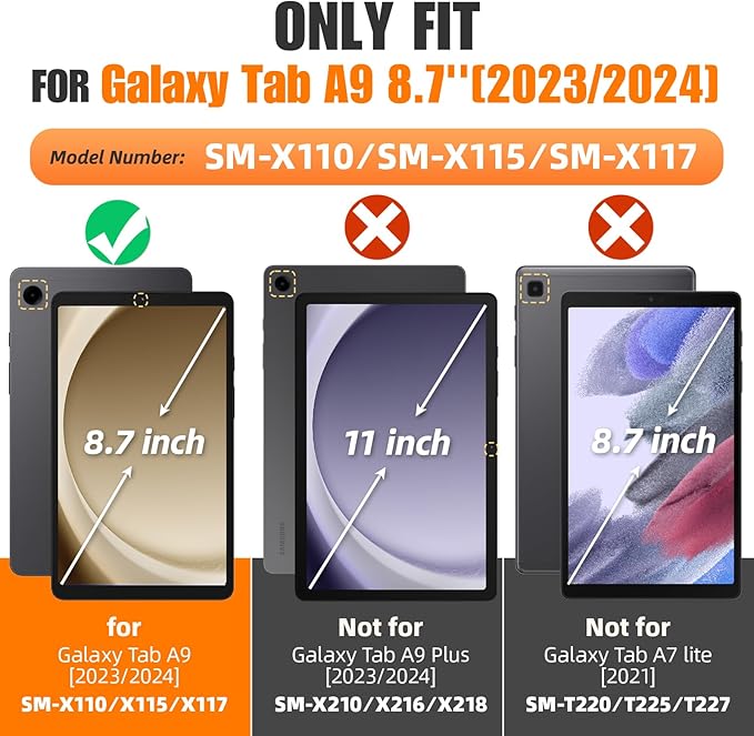 SEYMAC stock Case for Samsung Galaxy Tab A9 8.7'', Full-Body Drop Protection Case with Screen Protector Pencil Holder [360° Rotating Hand Strap] &Stand, Blue+Black