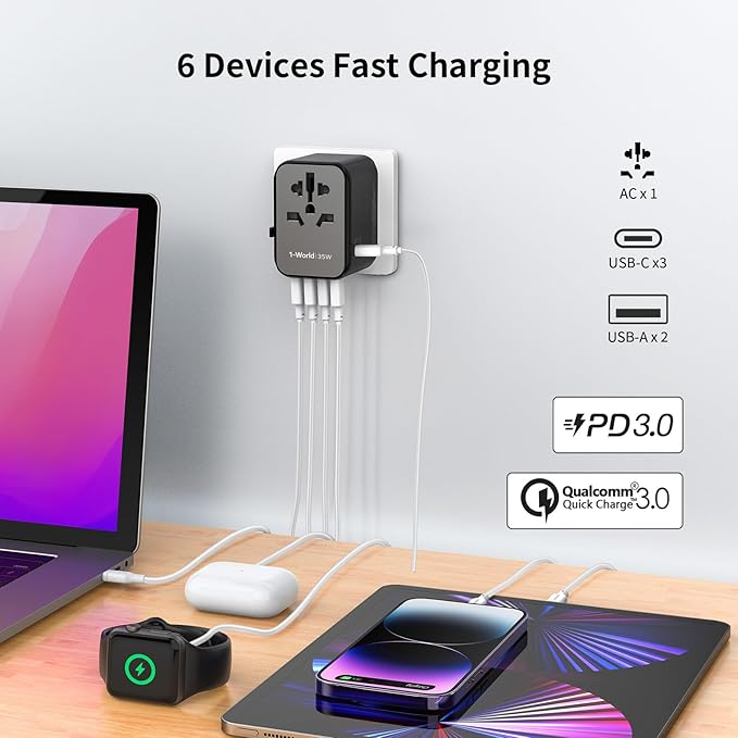 MOMAX Universal Travel Adapter, PD 35W Fast International Power Adapter, 3 USB C & 2 USB A, Worldwide Travel Plug Adapter, International Power Adapter for Europe, USA, Japan, Australia (Type C/A/G/I)