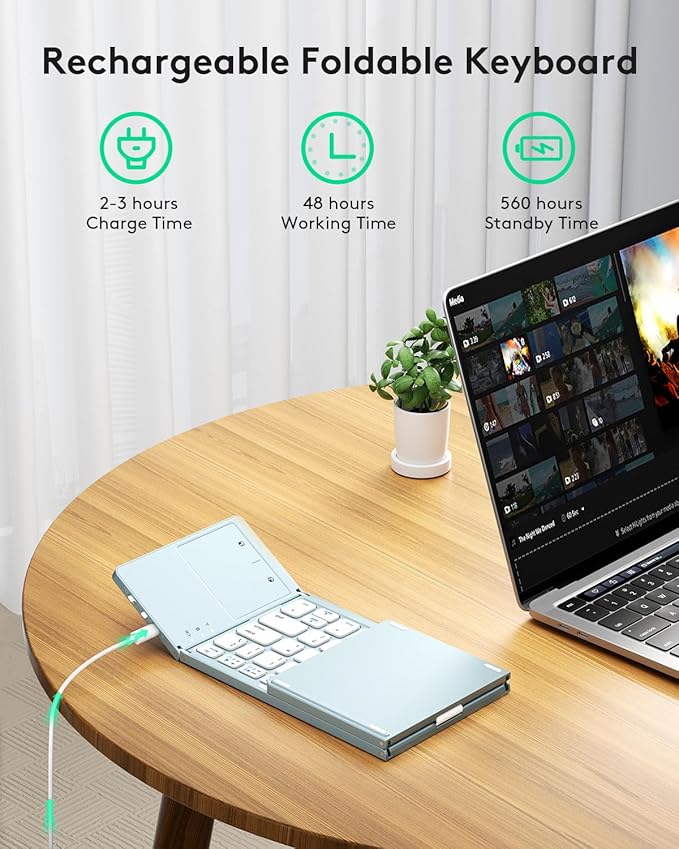 Samsers Multi-Device Foldable Bluetooth Keyboard with Touchpad, Rechargeable Dual-Mode(2.4G+BTx2) Wireless Keyboard with Holder, Portable Folding Keyboards for Android Windows iOS Mac OS - Blue