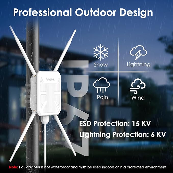 WAVLINK AC1200 Outdoor WiFi Extender Wireless Access Point, 2025 Long Range Dual-Band Wi-Fi Extender, 4x7dBi Omni Antennas,PoE, Gigabit Port, Supports AP/Repeater/Mesh Modes for Courtyard, Fish Finder