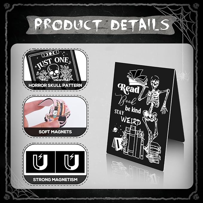 Skeleton Coffin Magnetic Bookmark - 8 Pcs Gothic Skeleton Magnetic Bookmarks Skull Horror Book Mark Magnets Page Marker Clip Gift for Book Lovers Students Teacher School Reading Book Marks