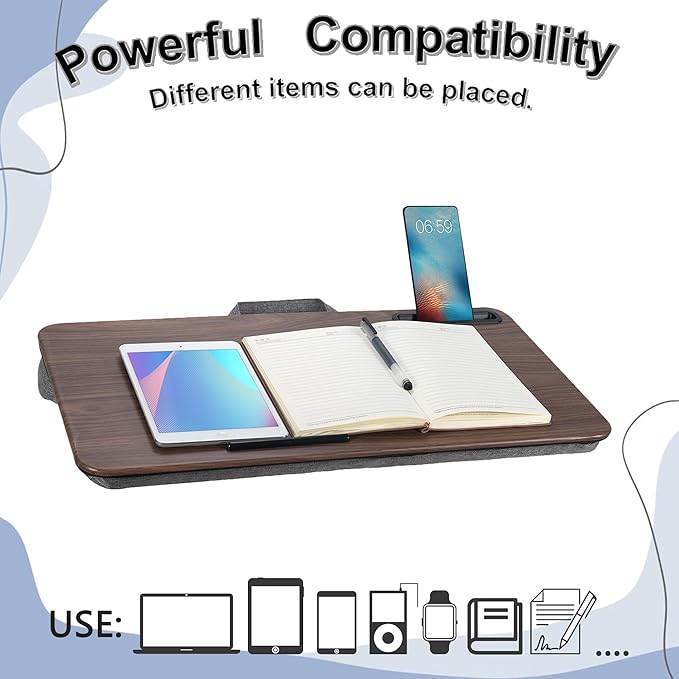 Portable Laptop Desk Fits Up to 16“ Laptops, with Tablet Slot, Built-in Cushion, Great for Home & Office,Lap Desk for Laptop,Lap Desk with Cushion (Brown, Large)