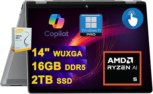 HP OmniBook X Flip 2-in-1 Copilot+ AI PC Laptop | 14" WUXGA Touch 400nits | AMD 6-core Ryzen AI 5 340 Up to 50 Tops | 16GB DDR5 2TB SSD | Backlit Wi-Fi6E 5MP IR Camera Poly Win11Pro w/DLCA Accessory