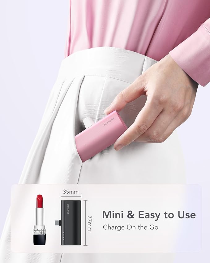 charmast Portable Charger USB C for iPhone 17/16/15, 5000mAh Fast Charging Battery Pack with Built-in Type-C Connector, 20W Mini Power Bank for iPhone 17/16/15 Series, Samsung S22/23 Series, and More