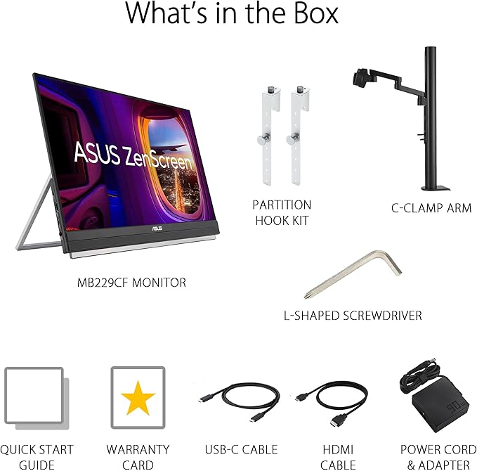 ASUS ZenScreen 22” (21.5 viewable) 1080P Portable Monitor (MB229CF) – Full HD, IPS, 100Hz, USB-C PD 60W, Speakers, Carrying Handle, Kickstand, C-clamp Arm, Partition Hook, Subwoofer, 3 yr Warranty