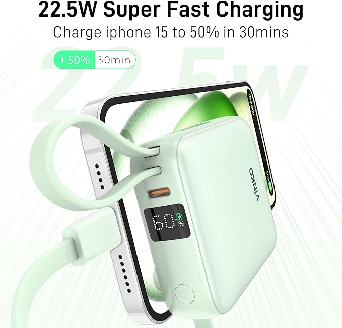 VINKO Small Portable Charger, 22.5W Fast Charging Mini Power Bank 10000mAh with Built-in Cables LED Display, Travel Essential USB-C Battery Pack Compatible with iPhone,Samsung,Android (Green)