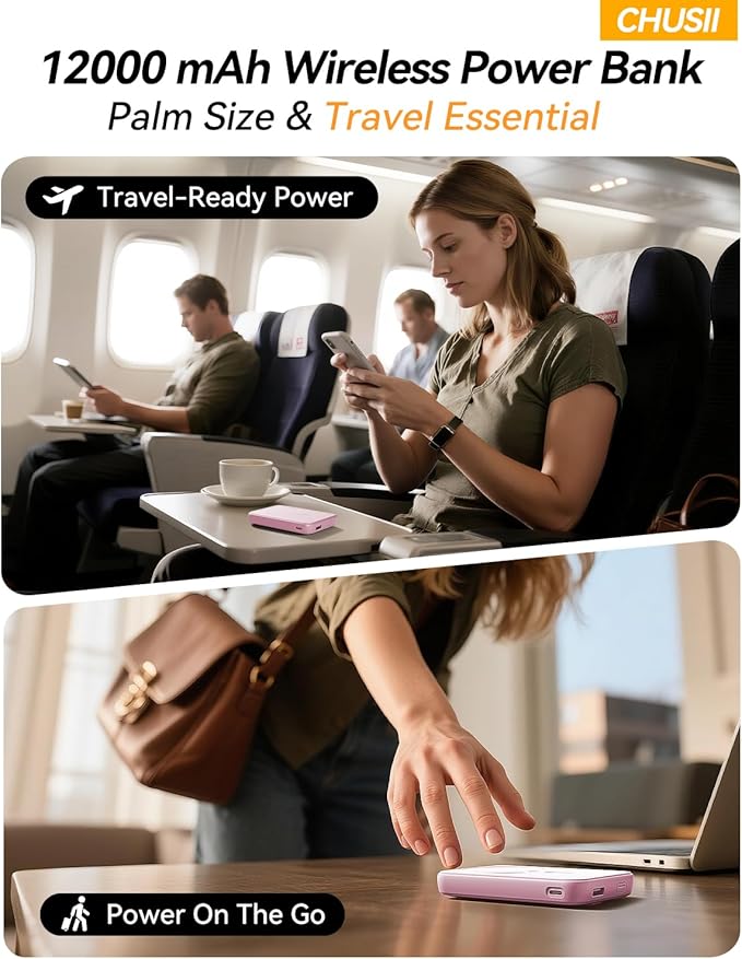 for Magsafe Portable Charger, 12000mAh Wireless Magnetic Power Bank with Stand and PD 20W Fast Charging, for Magsafe Battery Pack Compatible with iPhone 16/15/14/13/12 Series- Sakura