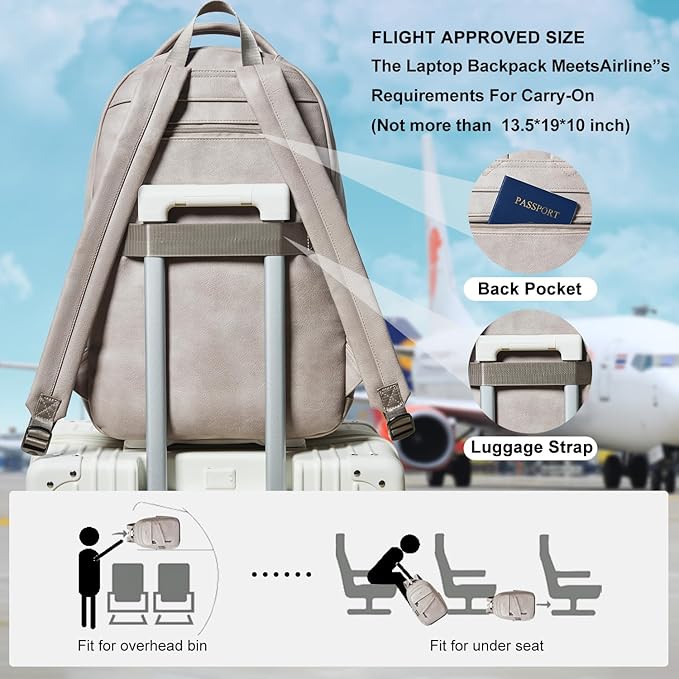 43L Backpack for Women Men - Vegan Leather Backpack Purse Travel Carry-on Bag College Bookbag Work fits 17" Laptop,Ash Gray Retro