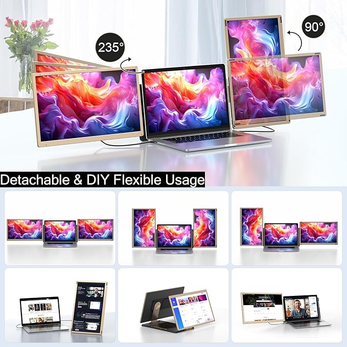 Laptop Screen Extender, 15.6" FHD 1080P Triple Portable Monitor Ultra-Slim Laptop Monitor Extender for 13"-17.3" with Speakers, HDMI/USB-C Plug-Play Extended Screen for MacOS Windows Android