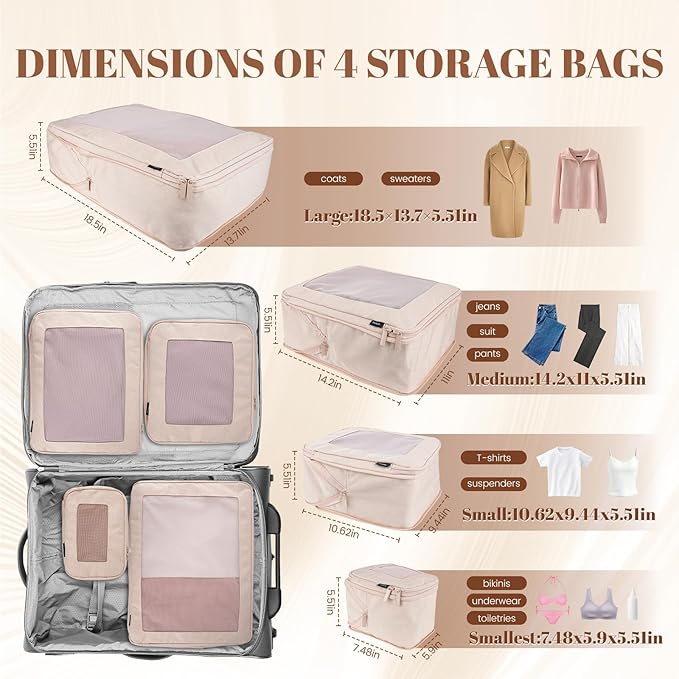 4-Set Compression Packing Cubes for Travel, Recycled Cotton Luggage Organizers, Space-Saving Suitcase Organizers, with Mesh, Travel Essentials(Beige)