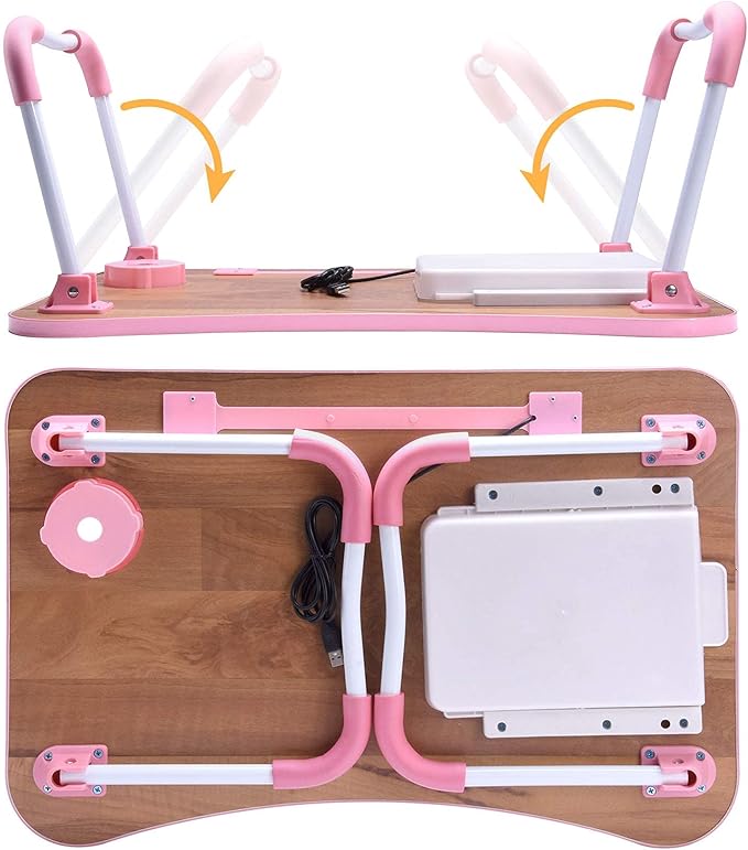 Slendor Lap Desk with Tablet Slot, Foldable Laptop Table with Storage Drawer for Bed，Portable Bed Desk for Laptop, Computer Tray with Cup Holder Notebook Stand Reading Holder for Couch Floor, Pink