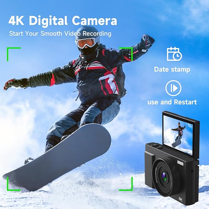 4K Digital Camera for Photography, 64MP Vlogging Video Camera for YouTube with 3'' 180°Flip Screen, 64GB Micro SD Card, 16x Digital Zoom,Point Shoot Compact Travel Vintage Cameras (Black)