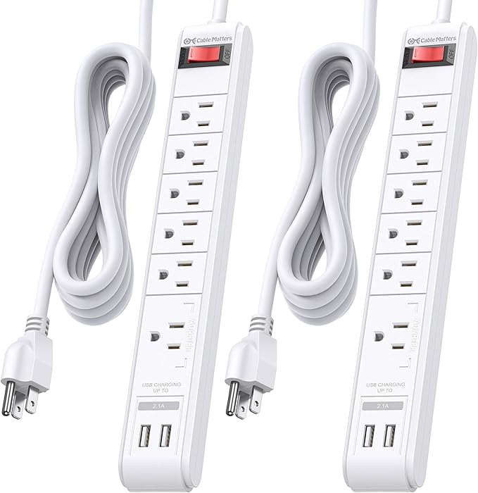 [ETL Listed] Cable Matters 2-Pack 6-Outlet Surge Protector Power Strip with USB Ports - 12ft, Long Extension Cord, Surge Protector with USB Ports, White