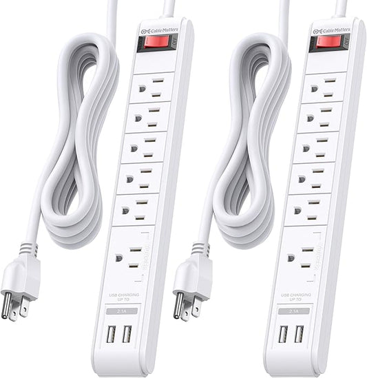 [ETL Listed] Cable Matters 2-Pack 6-Outlet Surge Protector Power Strip with USB Ports - 12ft, Long Extension Cord, Surge Protector with USB Ports, White