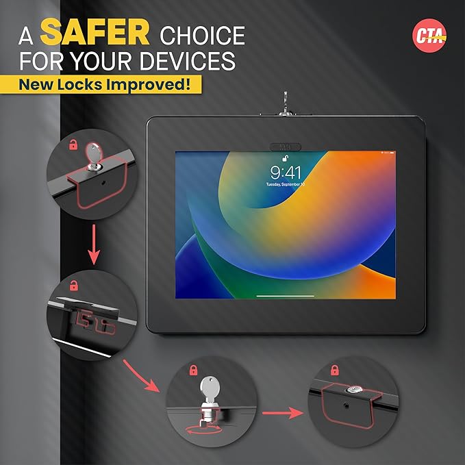 Locking iPad Wall Mount – CTA Anti-Theft Tablet Wall Mount For iPad 10th Gen 10.9-inch - iPad 7th/8/9 Gen - iPad Air 4 - Galaxy Tab - Lenovo Tab 4 - Zebra Tablets & More - Black - (PAD-PARAW)
