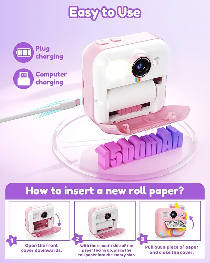 KOKODI Kids Camera Instant Print, Toddler Cameras Christmas Birthday Gifts for Girls Age 3-12, Digital Video Instant Printable Camera for Kids,Toys for Ages 5-7 Girls (Pink)