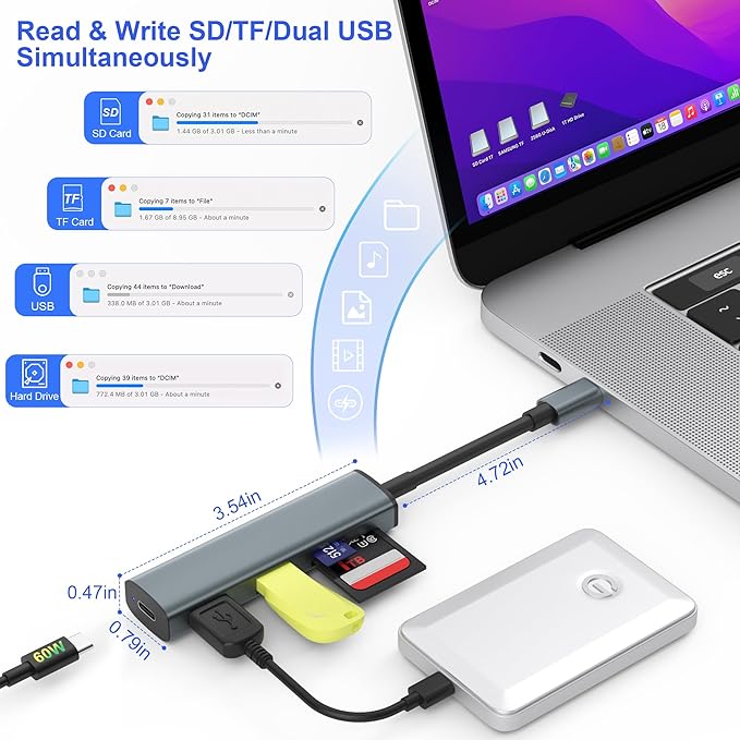 USB C SD Card Reader, Memory Card Reader with 60W PD Charger Adapter SD Card Adapter with SD/TF/USB 4 Ports for iPhone 15/16 iPad Pro MacBook Pro/Air iMac Android and More USB-C Devices
