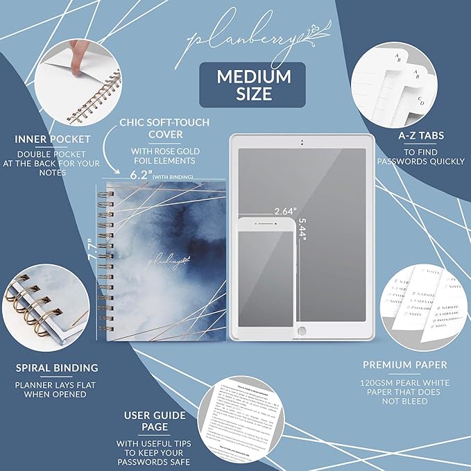 PLANBERRY Password Book Premium – Alphabetized Internet Address Organizer with A-Z Tabs – Website & Computer Password Keeper with Alphabetical Tabs – 6.2x7.7″, Hardcover (Ocean Depths)