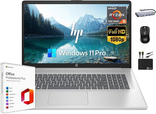 HP 17 Laptop Business, 17.3" FHD IPS Display, 16GB RAM, 1TB Storage (512GB SSD + 500GB Ext Drive), 6-Core AMD Ryzen 5 Processor, Lifetime Microsoft Office, Long Battery, MarxsolAccessory, Win 11 Pro