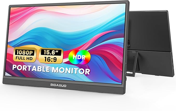 BIGASUO Portable Monitor for Laptop, 15.6'' FHD 1080P USB-C HDMI Travel Monitor, HDR IPS Ultra-Slim Portable Screen with Kickstand & Speakers, Extra Screen for Laptop PC MAC Phone PS4/5 Xbox Switch